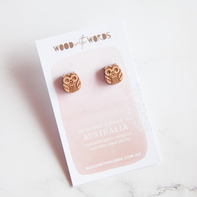 Lavender Owl Wooden Stud Earrings Wood with Words