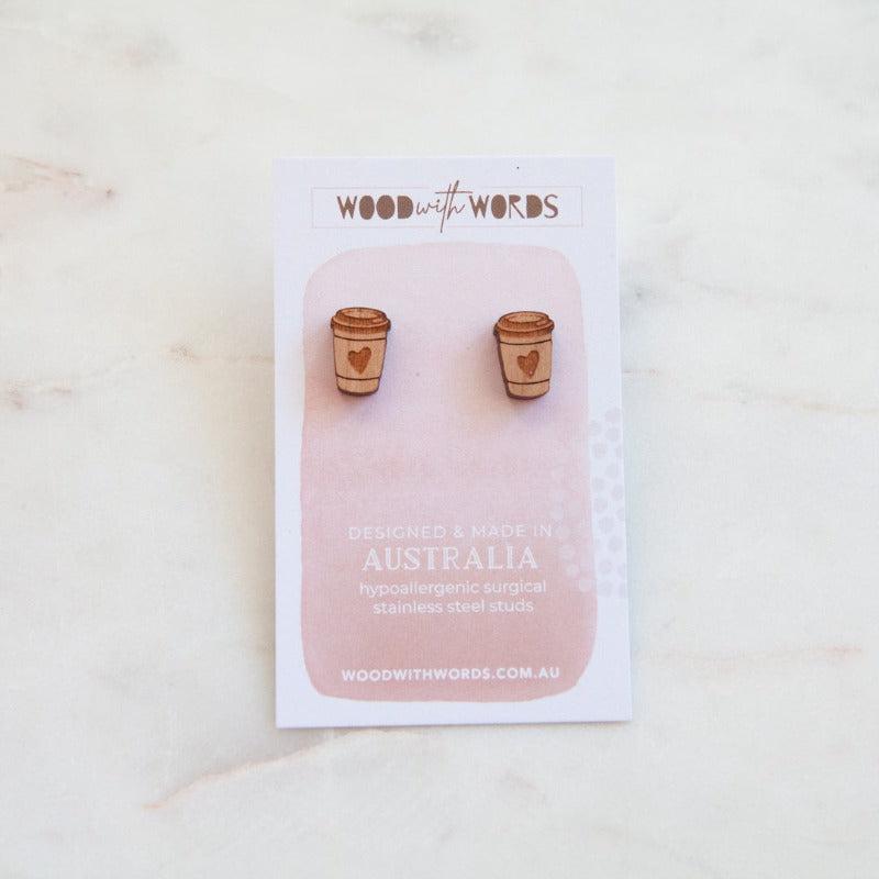 Lavender Wood Stud Earrings - Coffee Cup Wood with Words