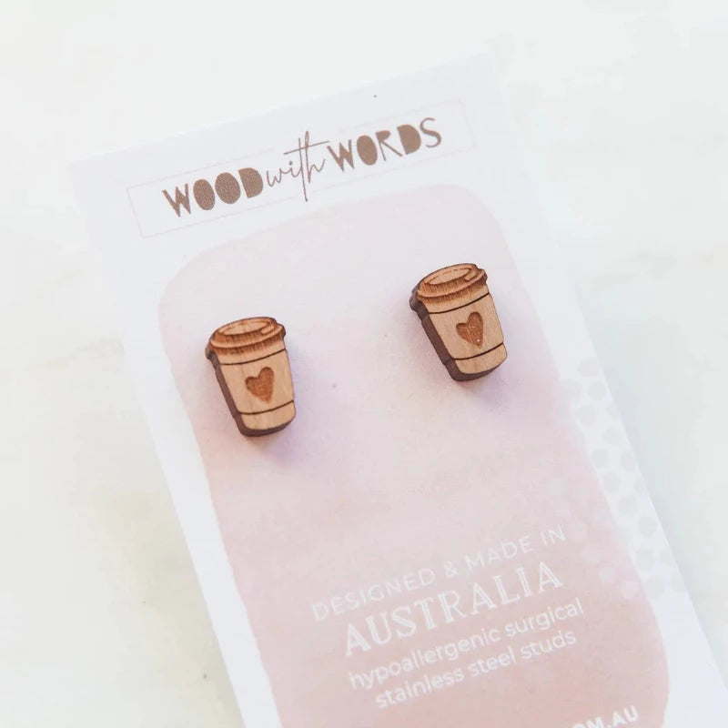 Lavender Wood Stud Earrings - Coffee Cup Wood with Words