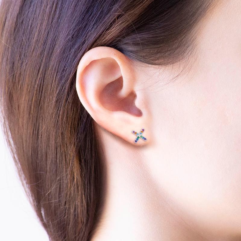Diamante XO Rainbow Earrings in ears
