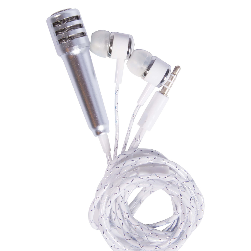 Silver Smartphone Microphone and Earbuds