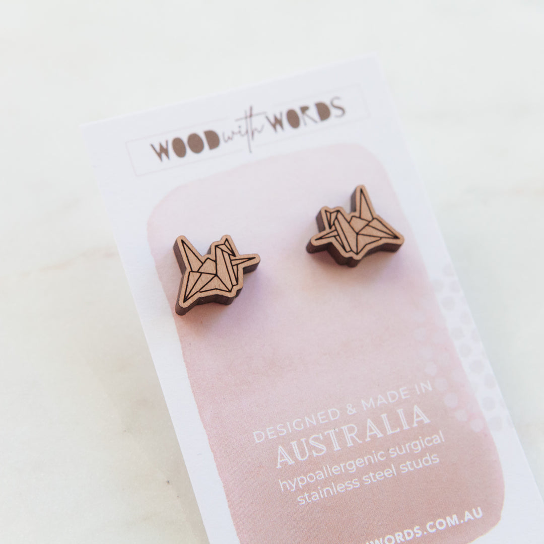 Light Gray Wood Stud Earrings - Paper Crane Wood with Words
