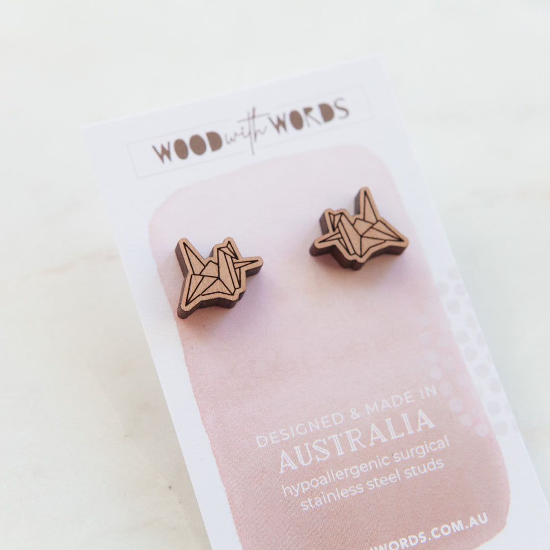 Wood Stud Earrings - Paper Crane Wood with Words Light Gray