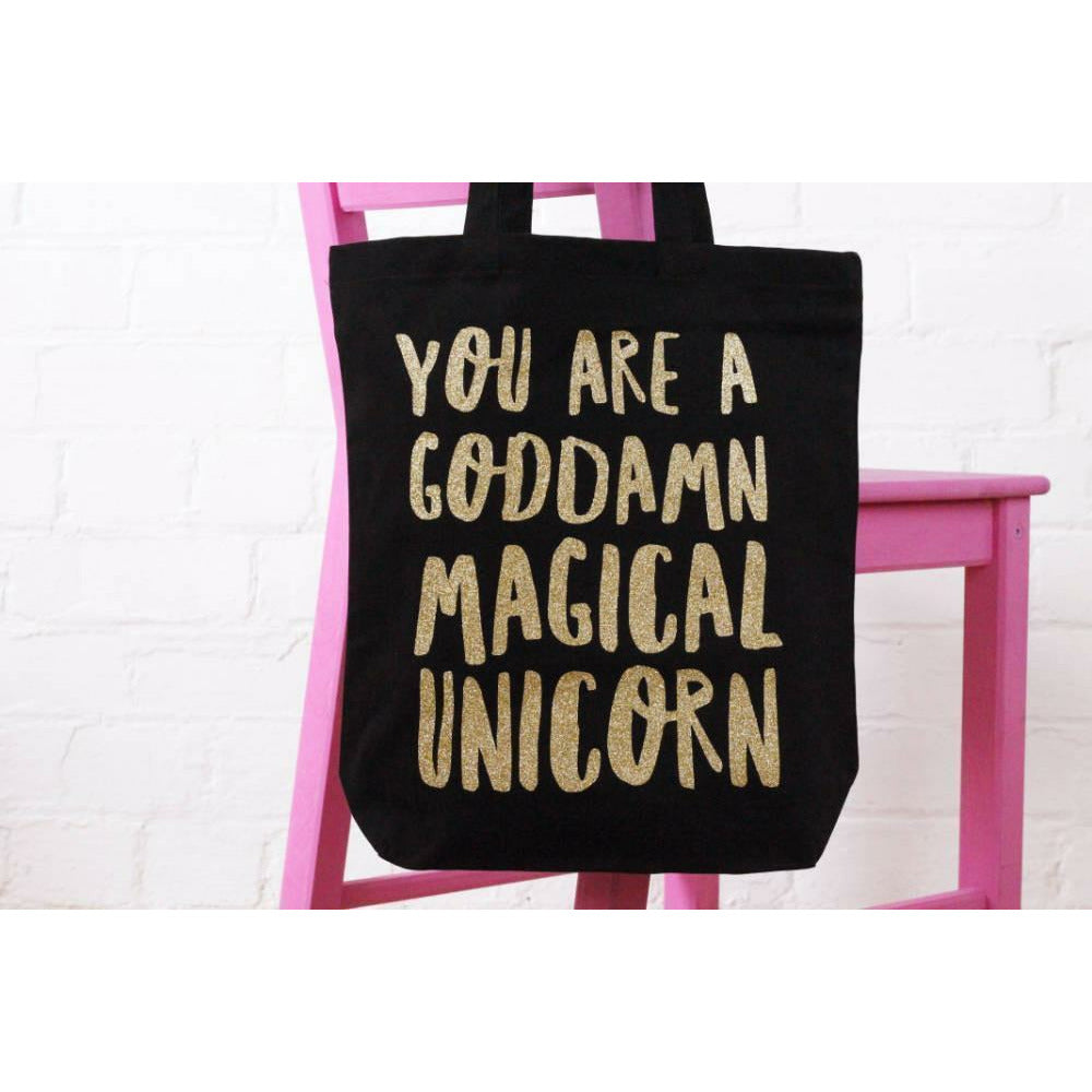Elsie and Nell Luggage &amp; Bags Black and Gold Tote Bag - Magical Unicorn Quote 0720252999180 tween and teen