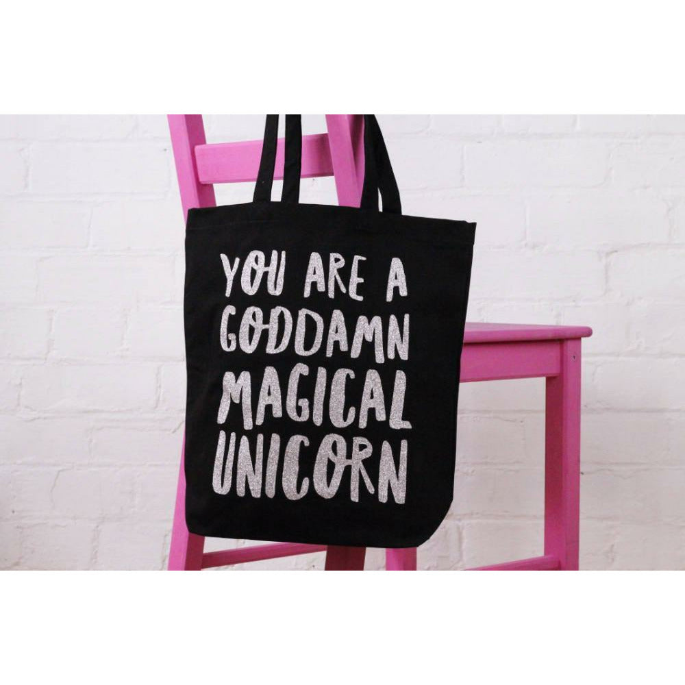 Elsie and Nell Luggage &amp; Bags Black and Silver Tote Bag - Magical Unicorn Quote 0720252999197 tween and teen
